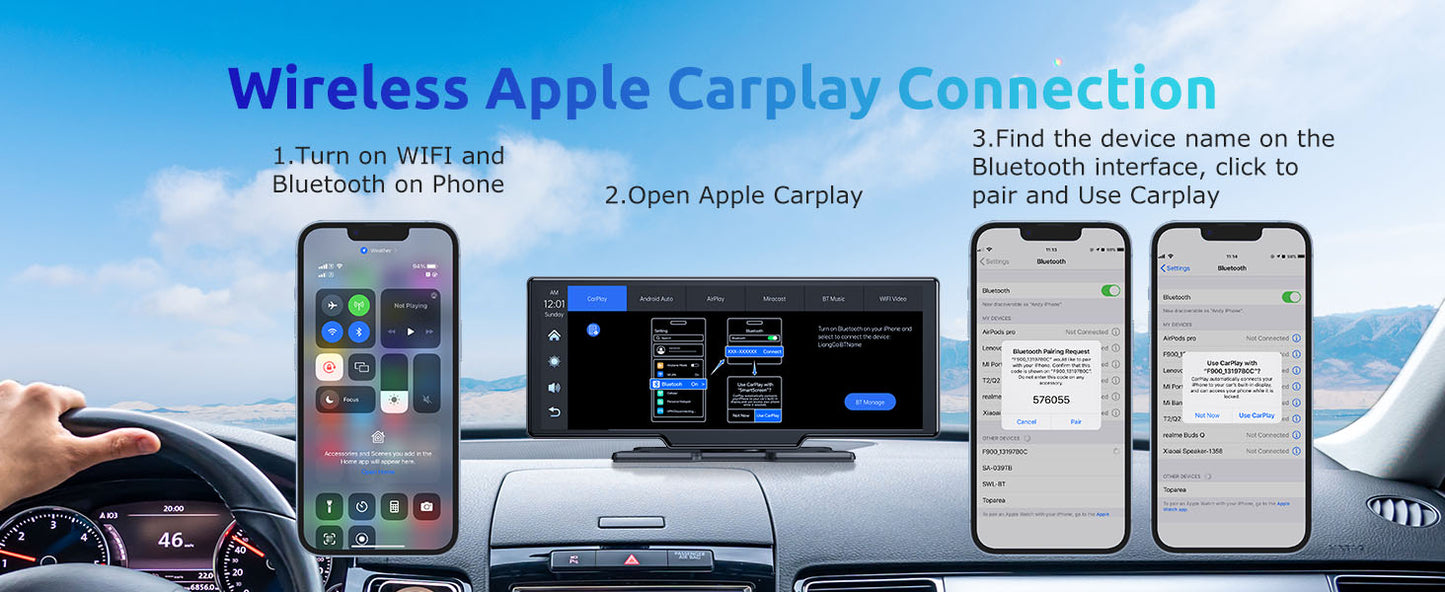 Modern Car Upgrade Dash Cam Touch Screen Car Stereo Rearview ESSGOO 10.26" 4K Wireless Apple Carplay Android Auto Dual Len Recorder Dashboard
