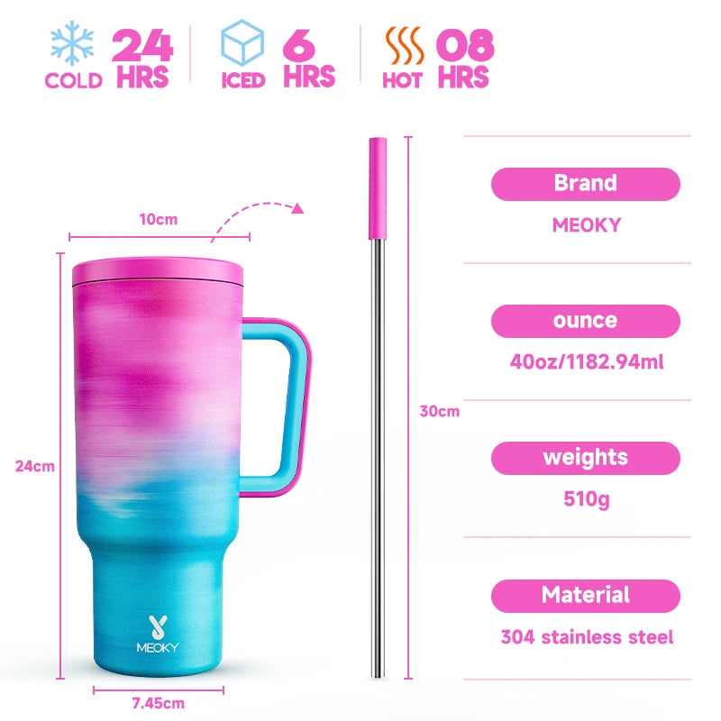 Thermal Bottle Cold/Hot Meoky 40oz Tumbler Handle Straw Multiple Prints Stainless Steel Bottle Thermos Coffee Cup Portable Vacuum Insulated Car Mug