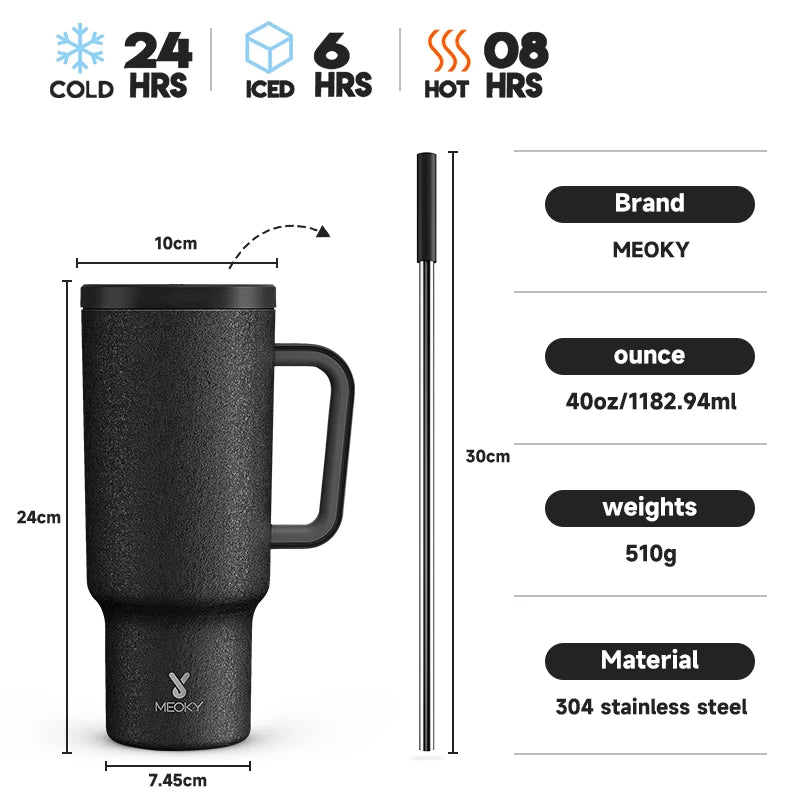 Thermal Bottle Cold/Hot Meoky 40oz Tumbler Handle Straw Multiple Prints Stainless Steel Bottle Thermos Coffee Cup Portable Vacuum Insulated Car Mug