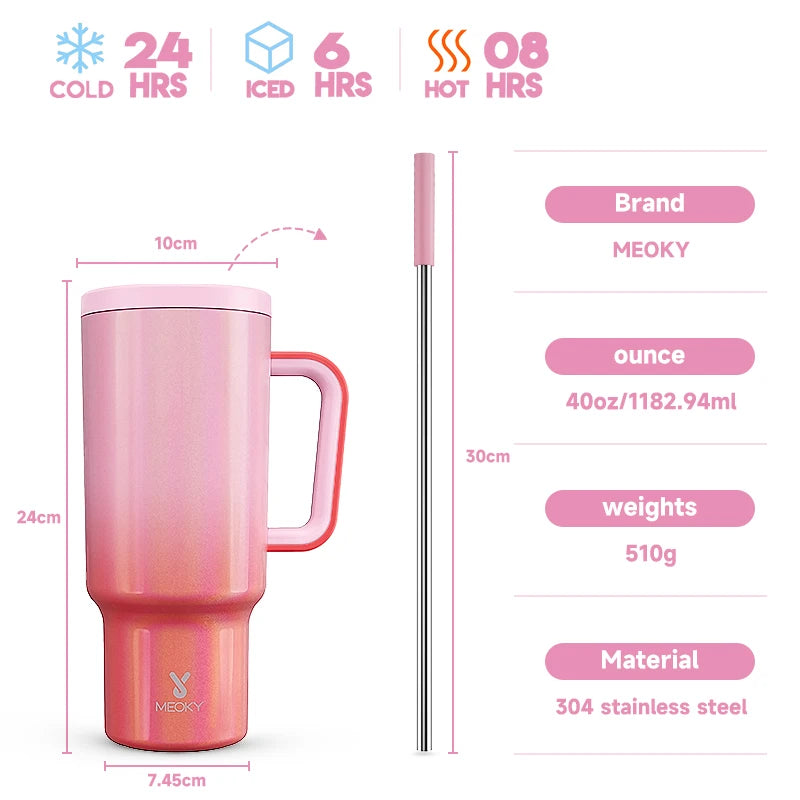 Thermal Bottle Cold/Hot Meoky 40oz Tumbler Handle Straw Multiple Prints Stainless Steel Bottle Thermos Coffee Cup Portable Vacuum Insulated Car Mug