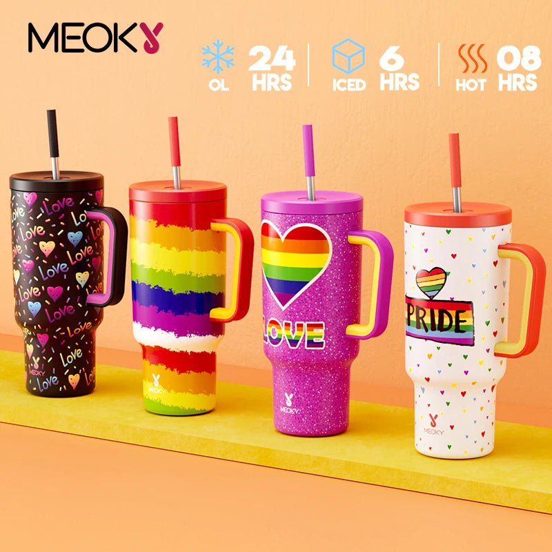 Thermal Bottle Cold/Hot Meoky 40oz Tumbler Handle Straw Multiple Prints Stainless Steel Bottle Thermos Coffee Cup Portable Vacuum Insulated Car Mug