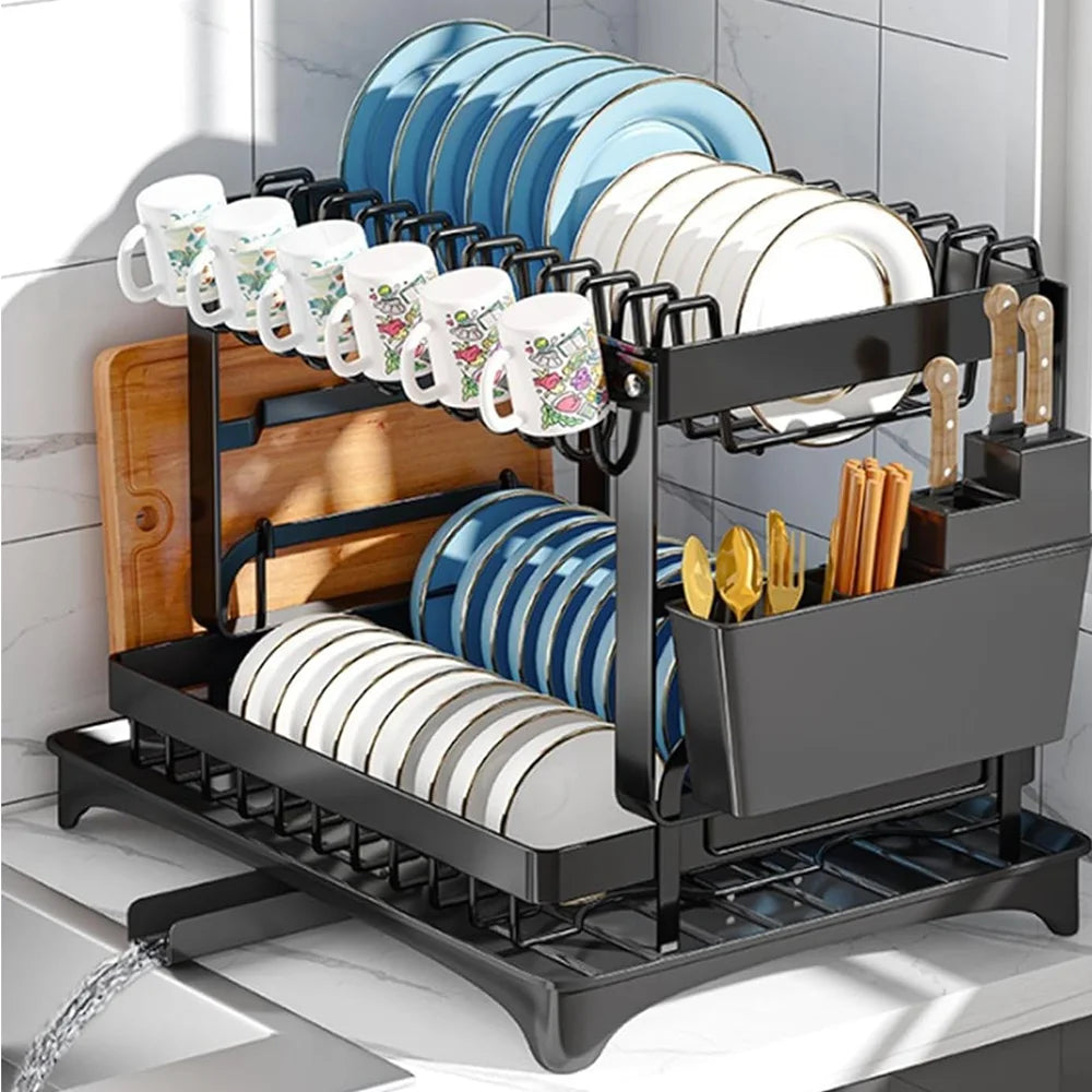 2 Tier Dish Drying Rack Dish Drainer Drying Rack with Drainer and Kitchen Countertop Utensil Holder Dish Drainer for Dish & Cup