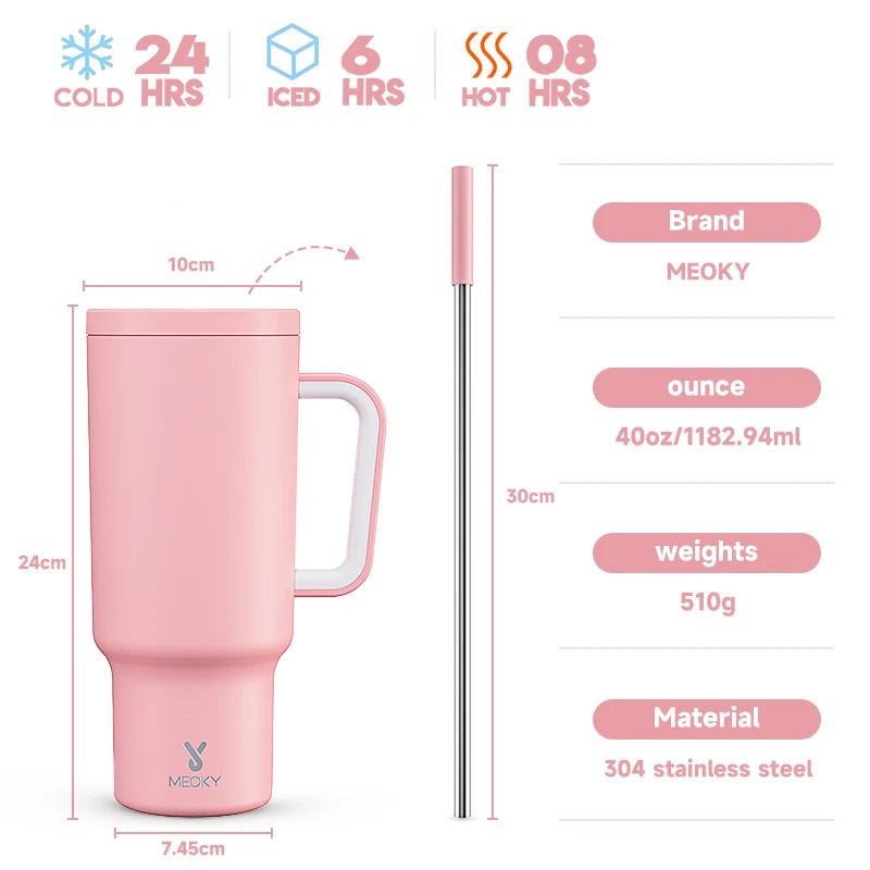 Thermal Bottle Cold/Hot Meoky 40oz Tumbler Handle Straw Multiple Prints Stainless Steel Bottle Thermos Coffee Cup Portable Vacuum Insulated Car Mug