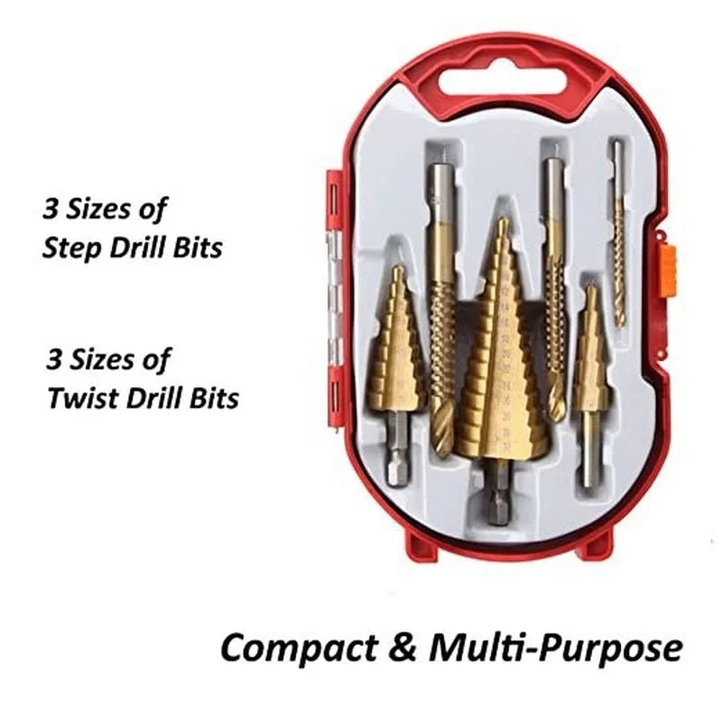 Titanium Coated Drill Bit 6 PCS/set Including 3 Sizes of Step Drill Bits Twist Drill Bits for Metalworking Woodworking