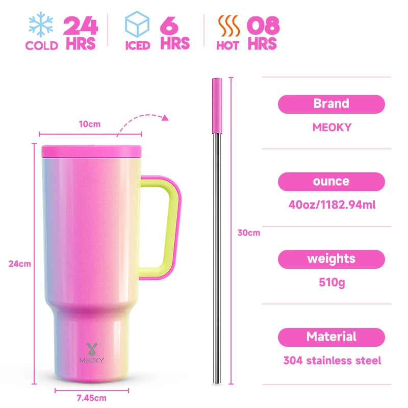 Thermal Bottle Cold/Hot Meoky 40oz Tumbler Handle Straw Multiple Prints Stainless Steel Bottle Thermos Coffee Cup Portable Vacuum Insulated Car Mug