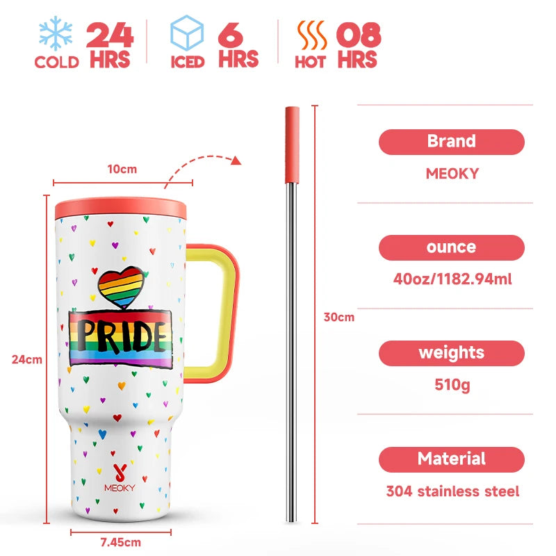 Thermal Bottle Cold/Hot Meoky 40oz Tumbler Handle Straw Multiple Prints Stainless Steel Bottle Thermos Coffee Cup Portable Vacuum Insulated Car Mug