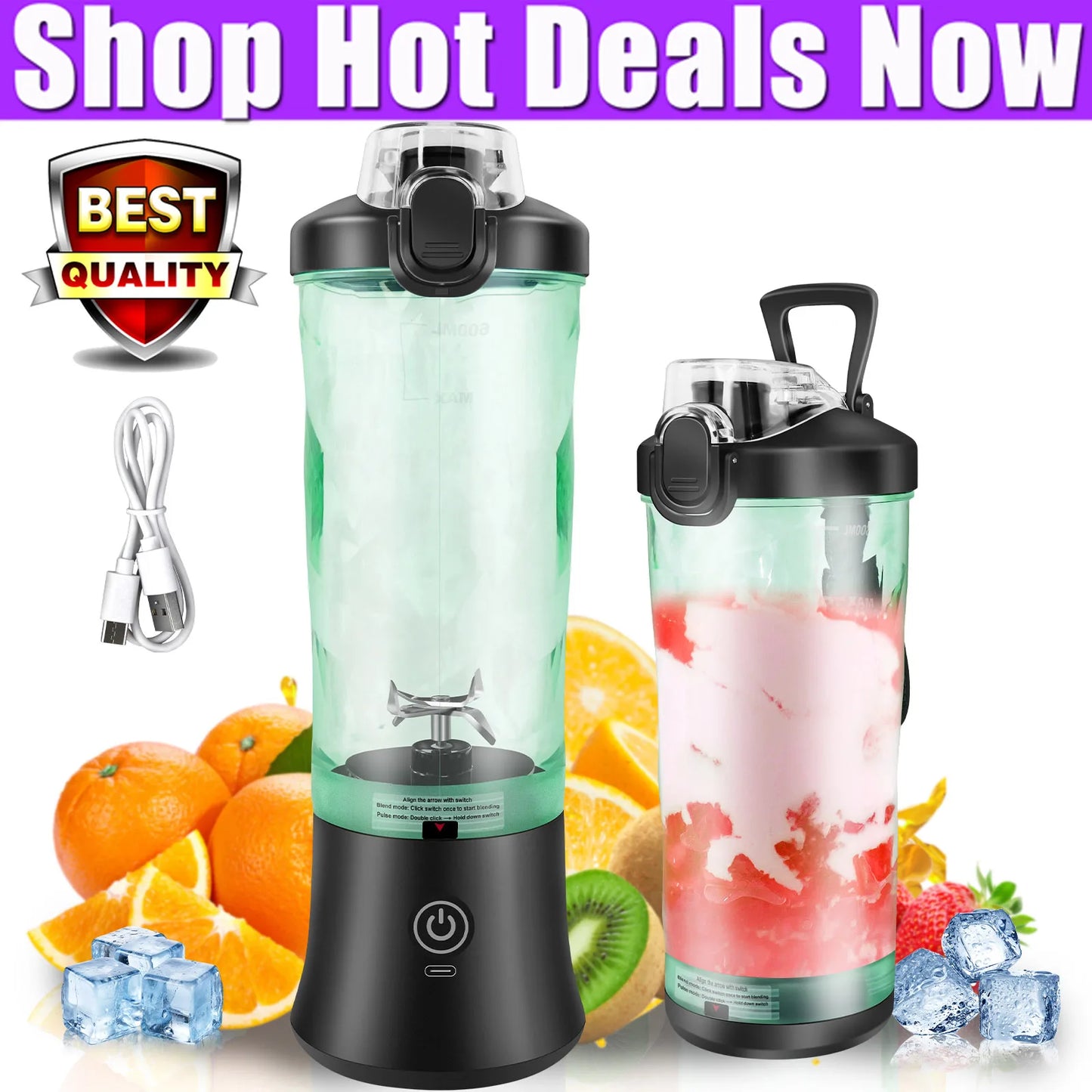 Portable Blender Professional 2 In 1 600ML Electric Juicer Fruit Mixers USB Rechargeable Smoothie Mini Blender Personal Juicer