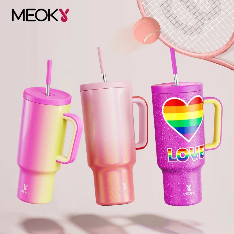 Thermal Bottle Cold/Hot Meoky 40oz Tumbler Handle Straw Multiple Prints Stainless Steel Bottle Thermos Coffee Cup Portable Vacuum Insulated Car Mug