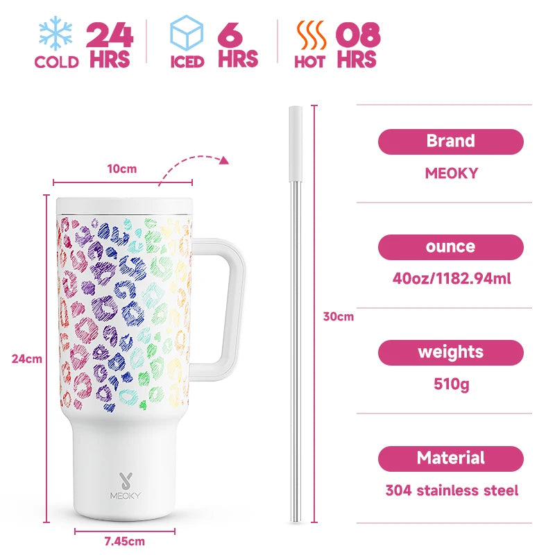 Thermal Bottle Cold/Hot Meoky 40oz Tumbler Handle Straw Multiple Prints Stainless Steel Bottle Thermos Coffee Cup Portable Vacuum Insulated Car Mug