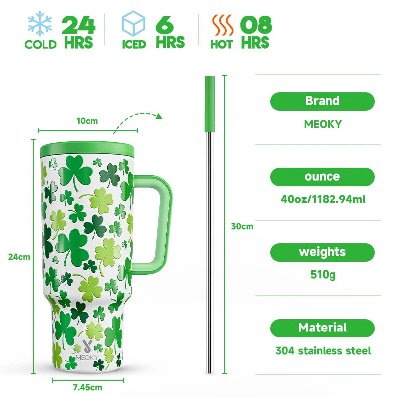 Thermal Bottle Cold/Hot Meoky 40oz Tumbler Handle Straw Multiple Prints Stainless Steel Bottle Thermos Coffee Cup Portable Vacuum Insulated Car Mug