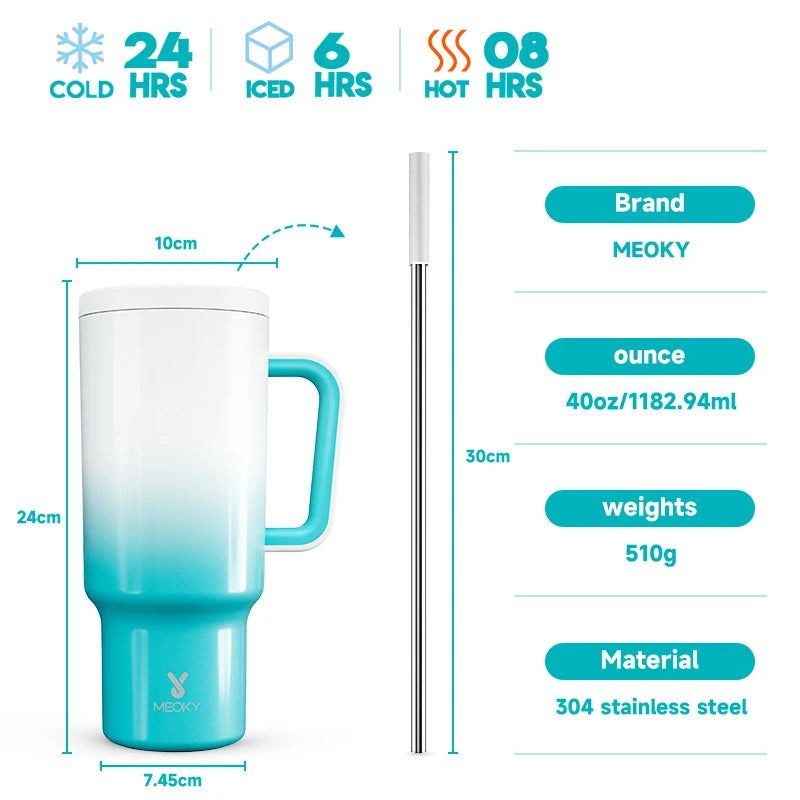 Thermal Bottle Cold/Hot Meoky 40oz Tumbler Handle Straw Multiple Prints Stainless Steel Bottle Thermos Coffee Cup Portable Vacuum Insulated Car Mug