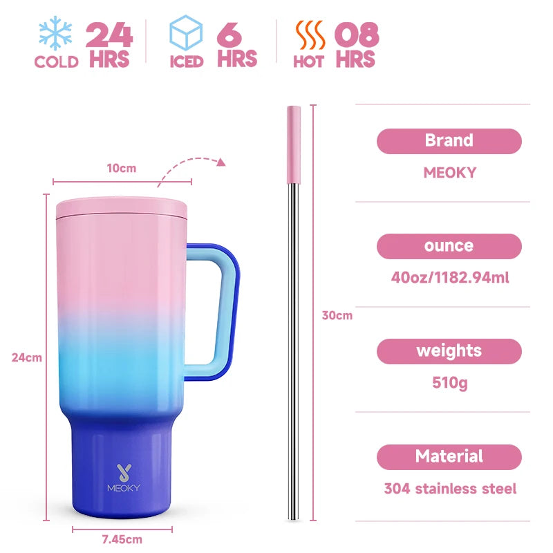 Thermal Bottle Cold/Hot Meoky 40oz Tumbler Handle Straw Multiple Prints Stainless Steel Bottle Thermos Coffee Cup Portable Vacuum Insulated Car Mug