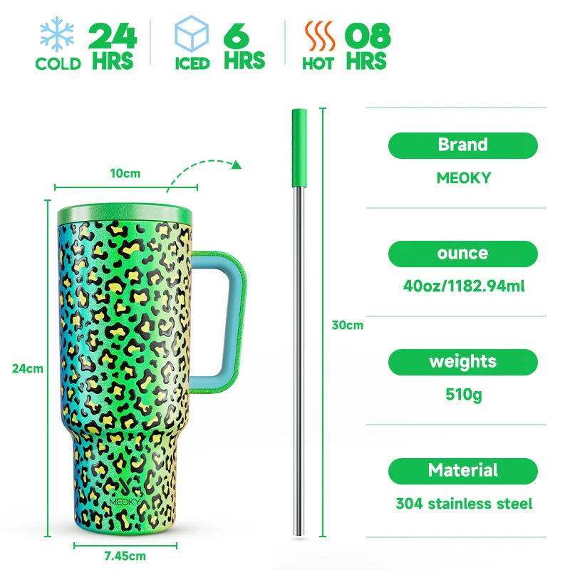 Thermal Bottle Cold/Hot Meoky 40oz Tumbler Handle Straw Multiple Prints Stainless Steel Bottle Thermos Coffee Cup Portable Vacuum Insulated Car Mug