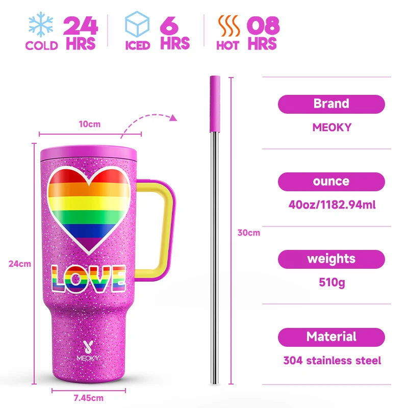 Thermal Bottle Cold/Hot Meoky 40oz Tumbler Handle Straw Multiple Prints Stainless Steel Bottle Thermos Coffee Cup Portable Vacuum Insulated Car Mug