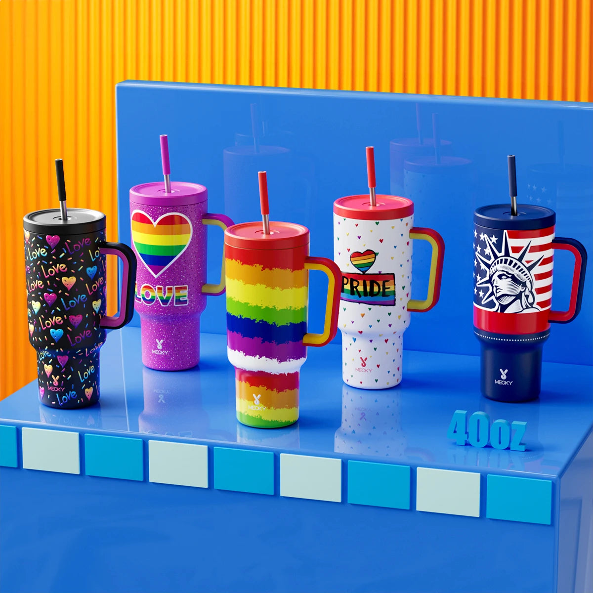 Thermal Bottle Cold/Hot Meoky 40oz Tumbler Handle Straw Multiple Prints Stainless Steel Bottle Thermos Coffee Cup Portable Vacuum Insulated Car Mug