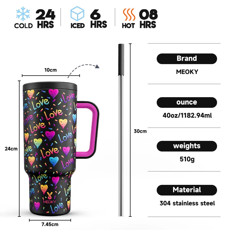 Thermal Bottle Cold/Hot Meoky 40oz Tumbler Handle Straw Multiple Prints Stainless Steel Bottle Thermos Coffee Cup Portable Vacuum Insulated Car Mug