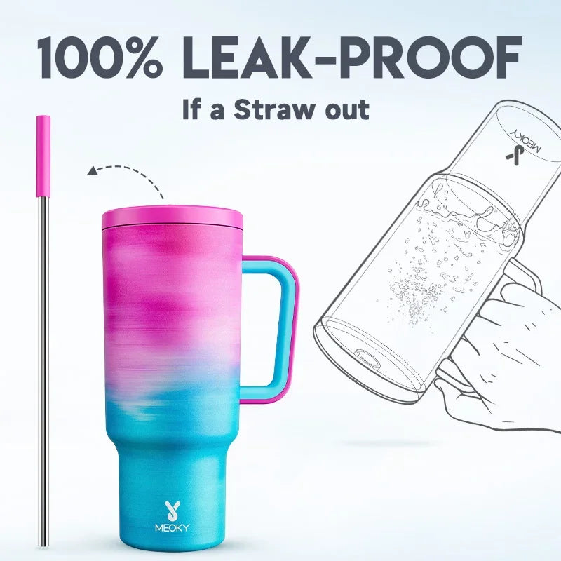 Thermal Bottle Cold/Hot Meoky 40oz Tumbler Handle Straw Multiple Prints Stainless Steel Bottle Thermos Coffee Cup Portable Vacuum Insulated Car Mug