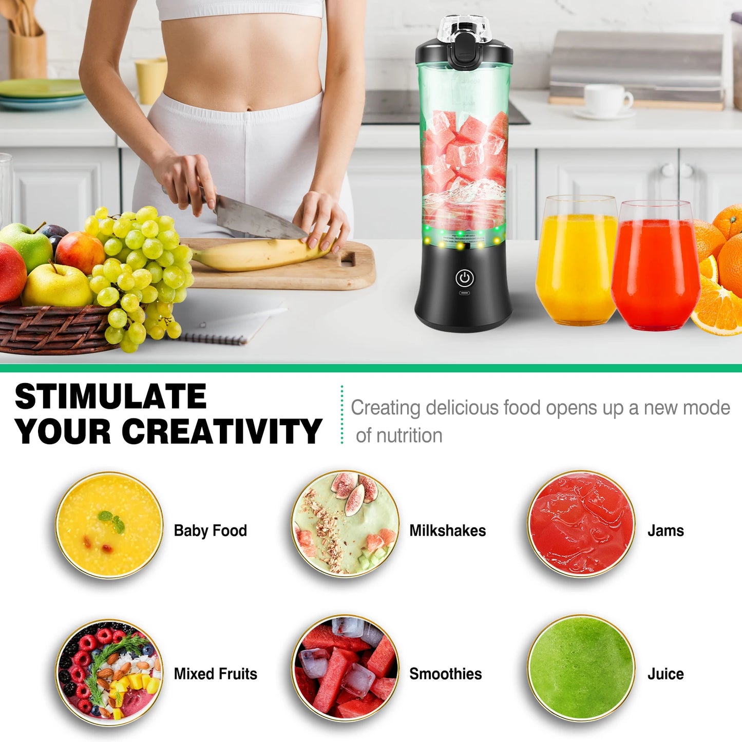 Portable Blender Professional 2 In 1 600ML Electric Juicer Fruit Mixers USB Rechargeable Smoothie Mini Blender Personal Juicer