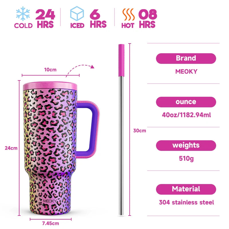 Thermal Bottle Cold/Hot Meoky 40oz Tumbler Handle Straw Multiple Prints Stainless Steel Bottle Thermos Coffee Cup Portable Vacuum Insulated Car Mug