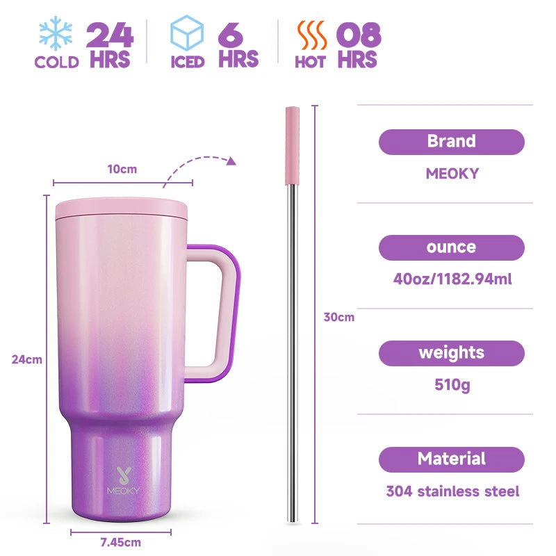 Thermal Bottle Cold/Hot Meoky 40oz Tumbler Handle Straw Multiple Prints Stainless Steel Bottle Thermos Coffee Cup Portable Vacuum Insulated Car Mug