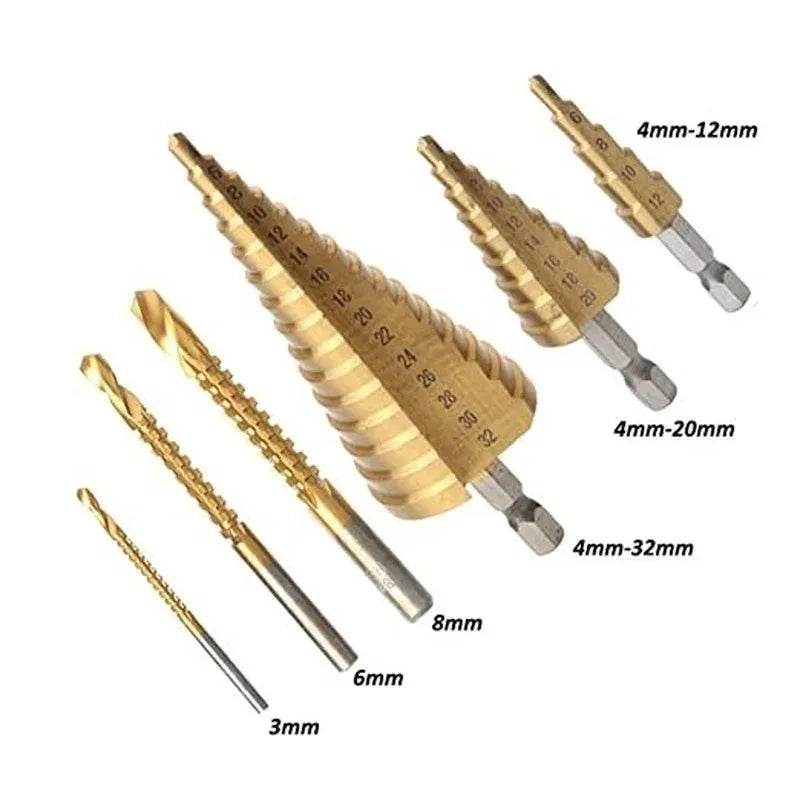 Titanium Coated Drill Bit 6 PCS/set Including 3 Sizes of Step Drill Bits Twist Drill Bits for Metalworking Woodworking
