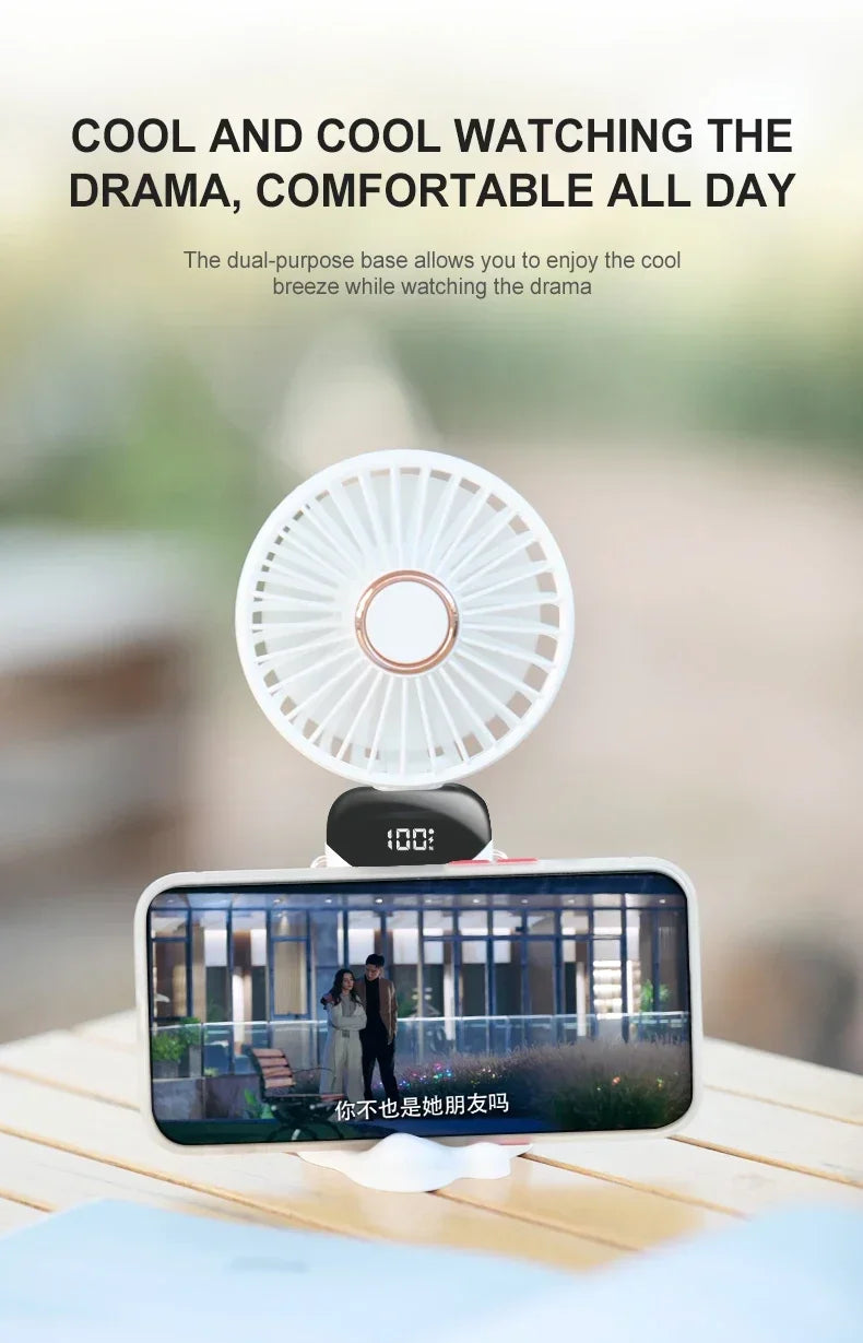 Handheld Mini Fan 3000mAh Foldable Portable Desk Outdoor Neck Hanging 5 Speed USB Rechargeable Fan Phone Stand Display Screen