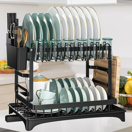 2 Tier Dish Drying Rack Dish Drainer Drying Rack with Drainer and Kitchen Countertop Utensil Holder Dish Drainer for Dish & Cup