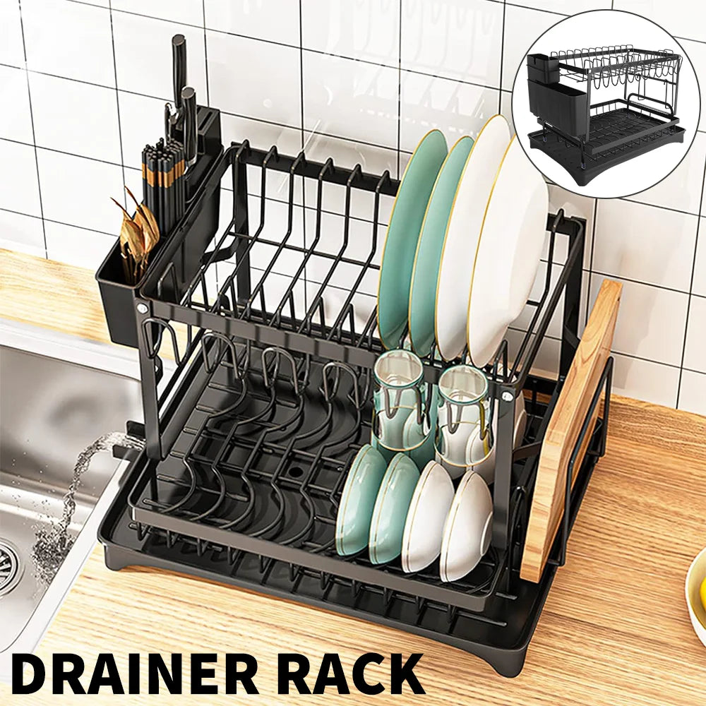 2 Tier Dish Drying Rack Dish Drainer Drying Rack with Drainer and Kitchen Countertop Utensil Holder Dish Drainer for Dish & Cup
