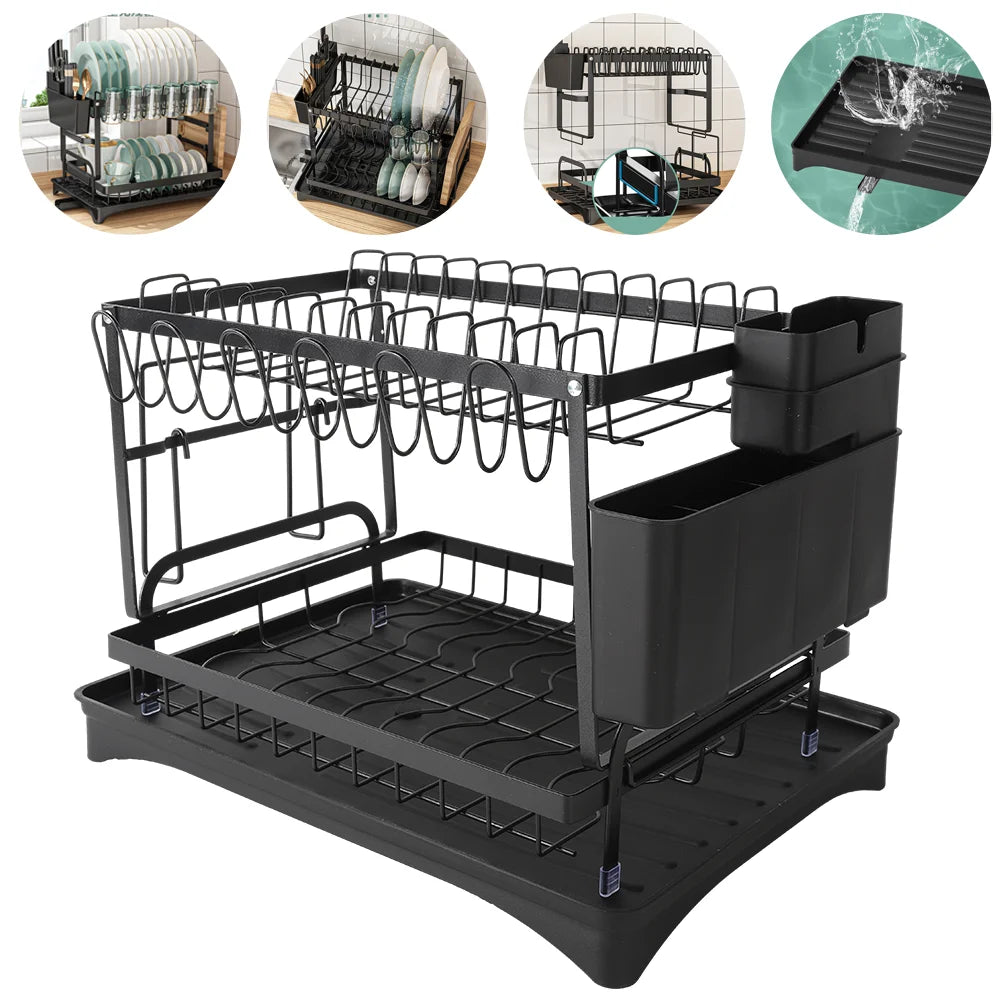 2 Tier Dish Drying Rack Dish Drainer Drying Rack with Drainer and Kitchen Countertop Utensil Holder Dish Drainer for Dish & Cup