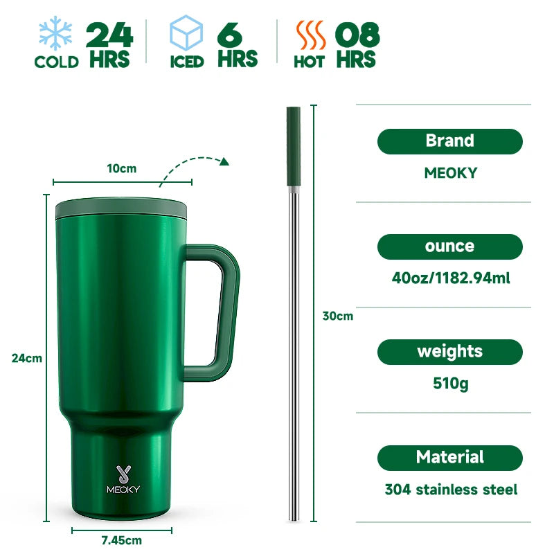 Thermal Bottle Cold/Hot Meoky 40oz Tumbler Handle Straw Multiple Prints Stainless Steel Bottle Thermos Coffee Cup Portable Vacuum Insulated Car Mug