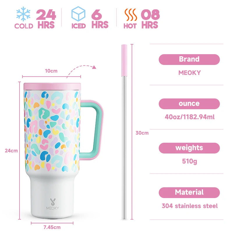 Thermal Bottle Cold/Hot Meoky 40oz Tumbler Handle Straw Multiple Prints Stainless Steel Bottle Thermos Coffee Cup Portable Vacuum Insulated Car Mug