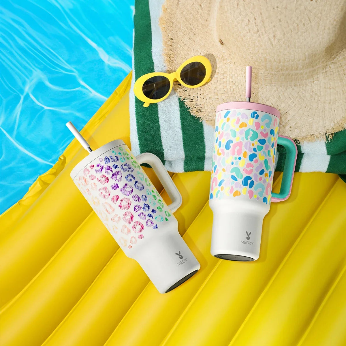 Thermal Bottle Cold/Hot Meoky 40oz Tumbler Handle Straw Multiple Prints Stainless Steel Bottle Thermos Coffee Cup Portable Vacuum Insulated Car Mug