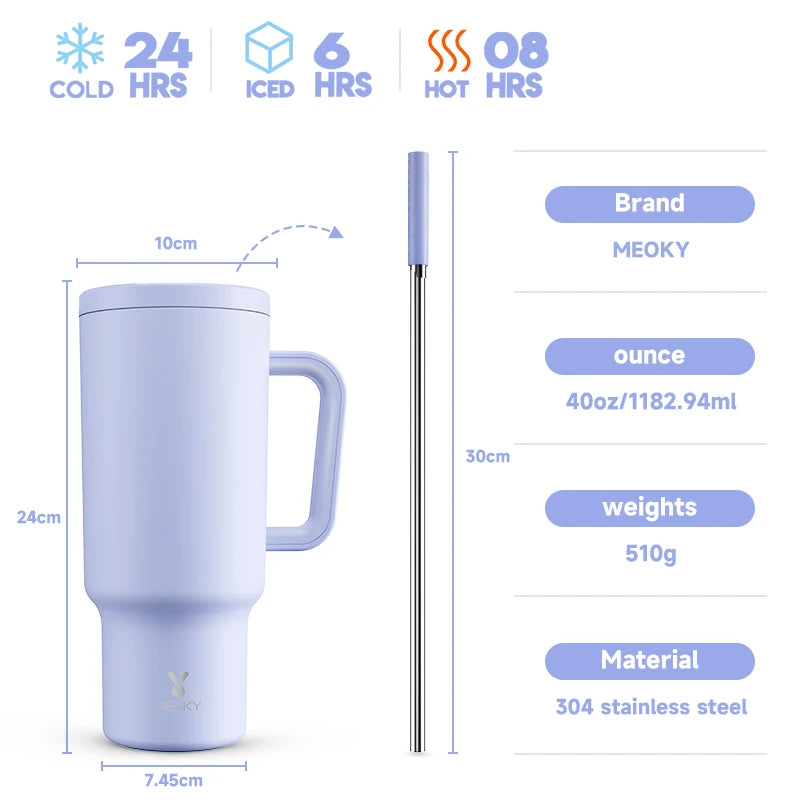 Thermal Bottle Cold/Hot Meoky 40oz Tumbler Handle Straw Multiple Prints Stainless Steel Bottle Thermos Coffee Cup Portable Vacuum Insulated Car Mug