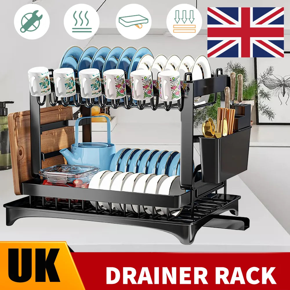 2 Tier Dish Drying Rack Dish Drainer Drying Rack with Drainer and Kitchen Countertop Utensil Holder Dish Drainer for Dish & Cup