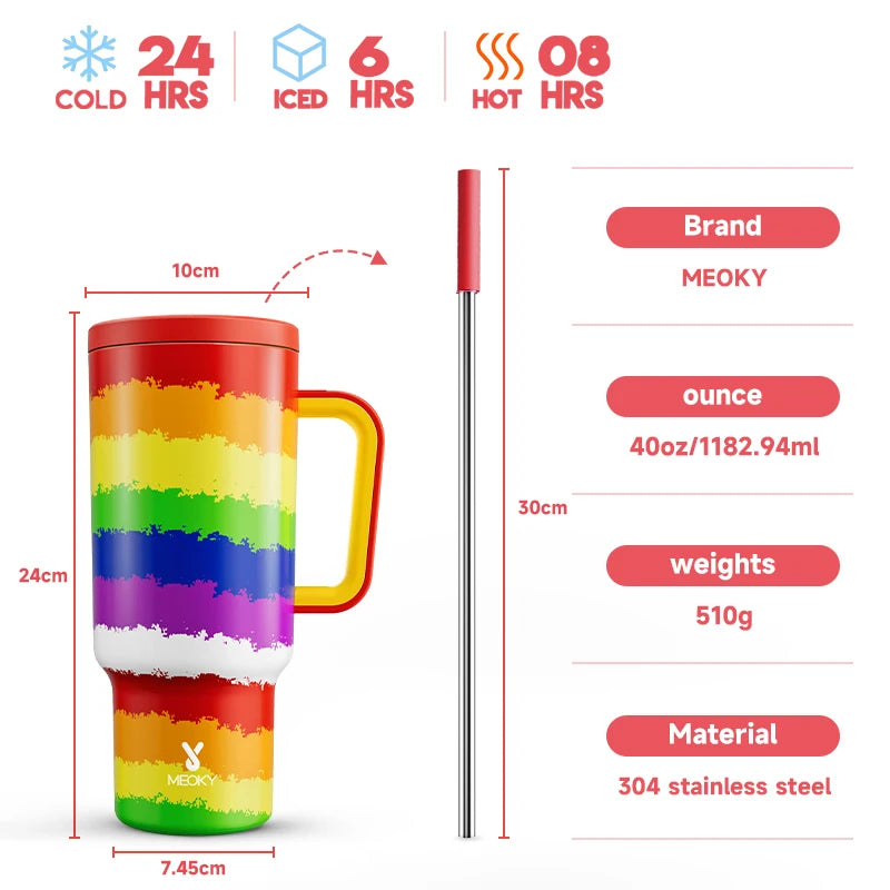 Thermal Bottle Cold/Hot Meoky 40oz Tumbler Handle Straw Multiple Prints Stainless Steel Bottle Thermos Coffee Cup Portable Vacuum Insulated Car Mug