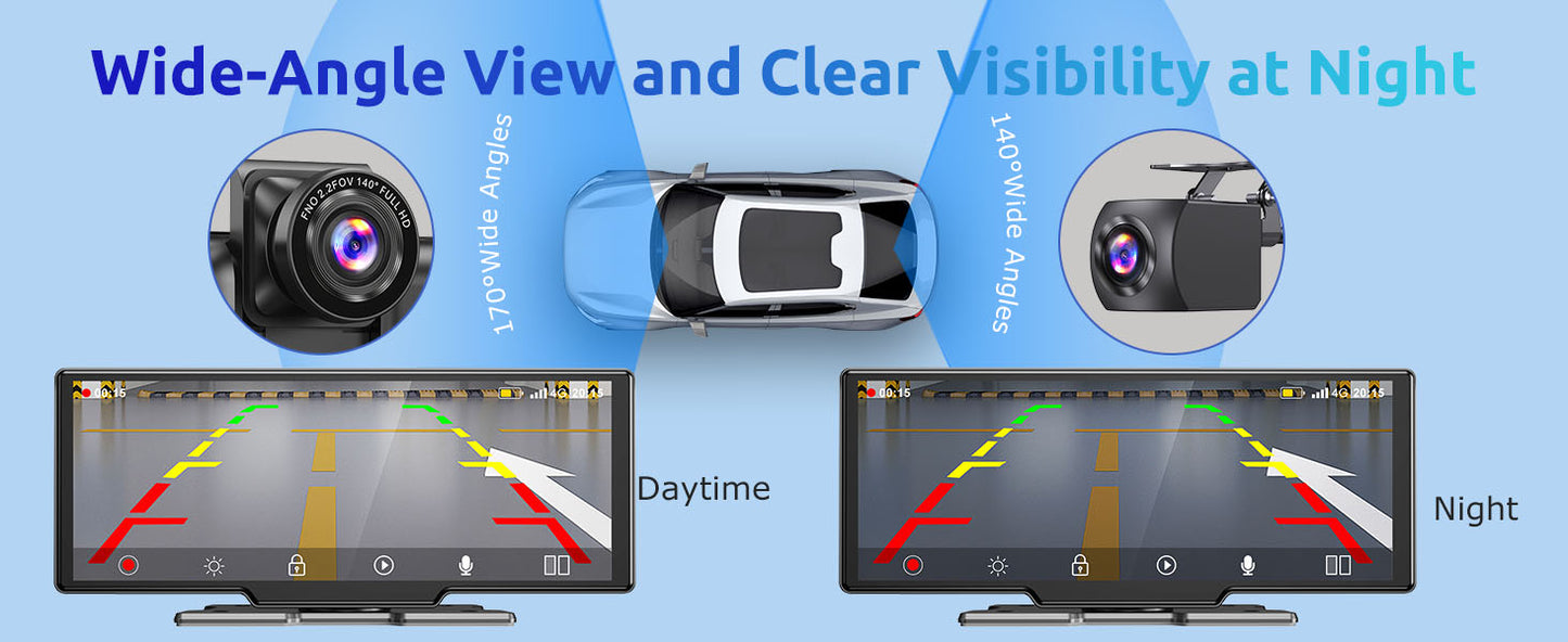 Modern Car Upgrade Dash Cam Touch Screen Car Stereo Rearview ESSGOO 10.26" 4K Wireless Apple Carplay Android Auto Dual Len Recorder Dashboard