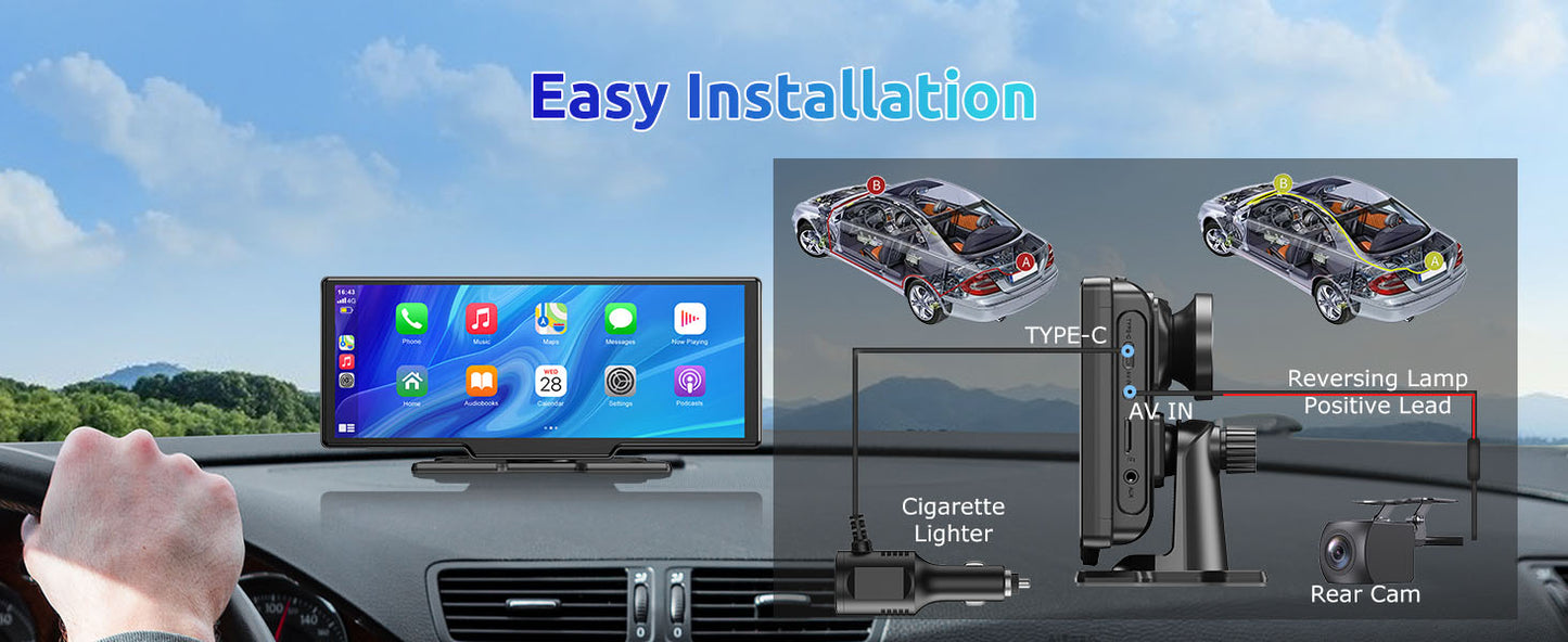 Modern Car Upgrade Dash Cam Touch Screen Car Stereo Rearview ESSGOO 10.26" 4K Wireless Apple Carplay Android Auto Dual Len Recorder Dashboard
