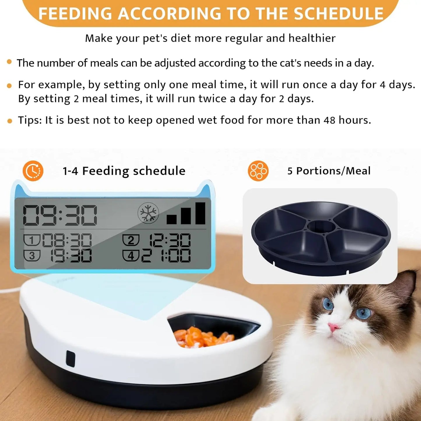 UBPET Automatic Cat/Dog Feeder Wet Food with Cooling, Semiconductor Refrigeration, with Timer, 5 Food Compartments for 330g Pet Food