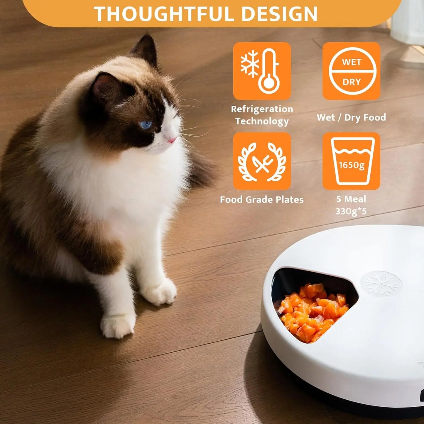UBPET Automatic Cat/Dog Feeder Wet Food with Cooling, Semiconductor Refrigeration, with Timer, 5 Food Compartments for 330g Pet Food