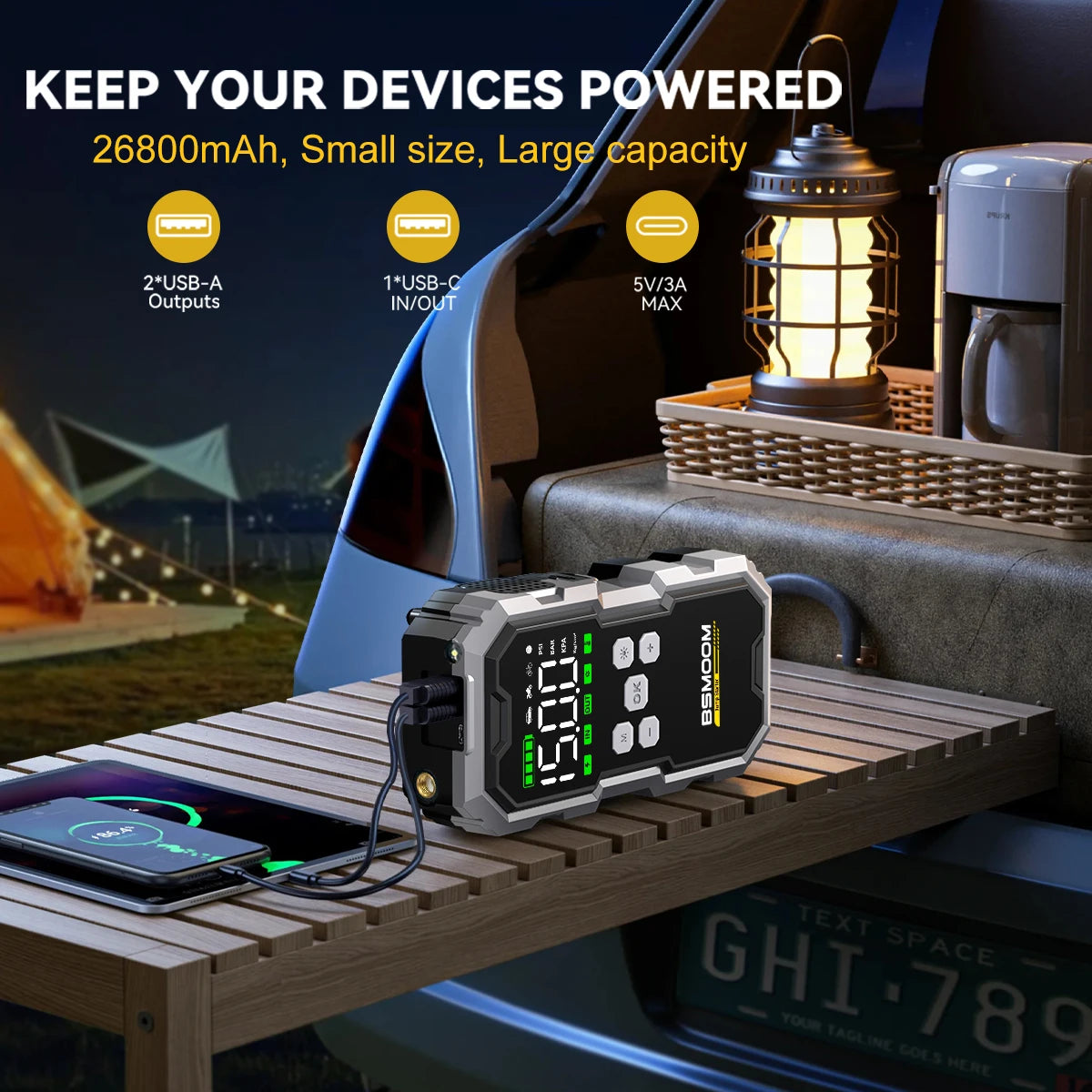 Emergency 4 in 1 Car Jump Starter, Air Tyre Compressor, Torch and Powerbank Device Charger LCD Screen 21800mAh Portable Charger 6000A