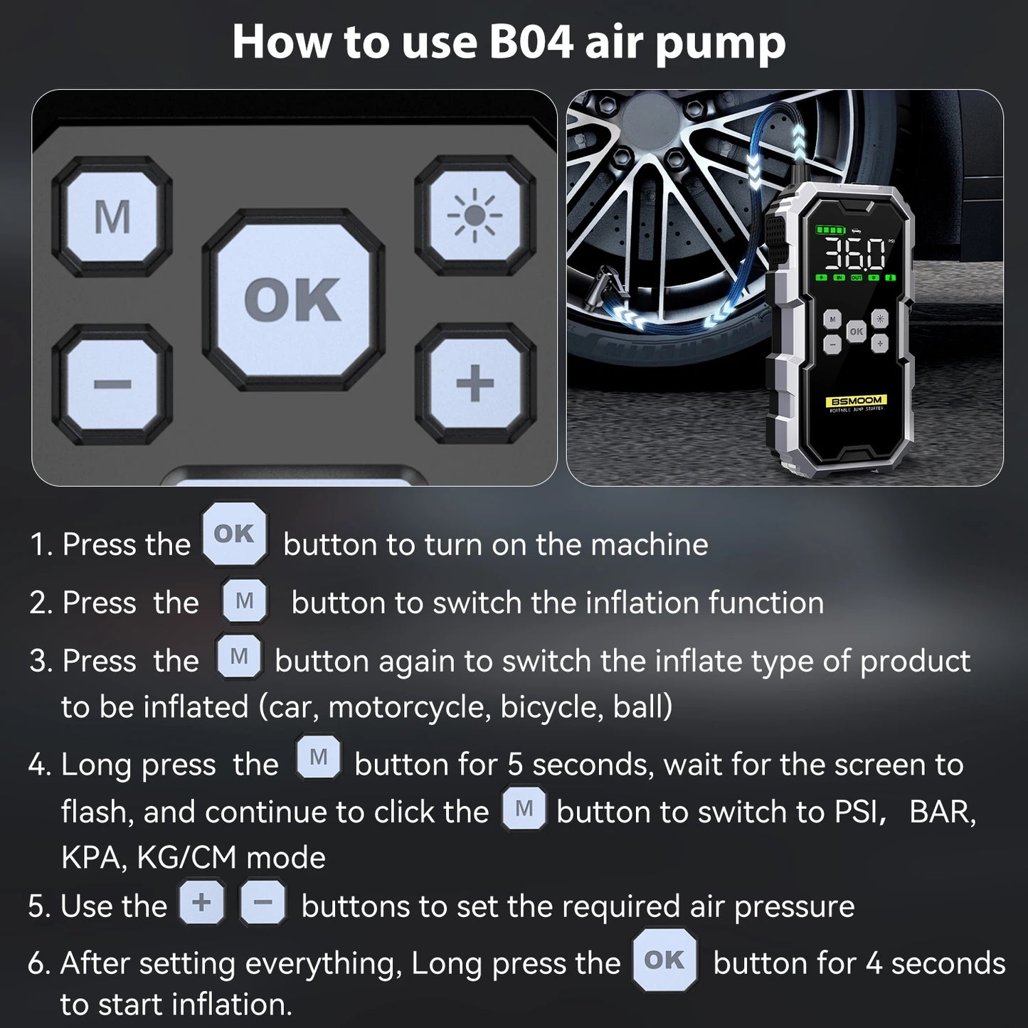 Emergency 4 in 1 Car Jump Starter, Air Tyre Compressor, Torch and Powerbank Device Charger LCD Screen 21800mAh Portable Charger 6000A