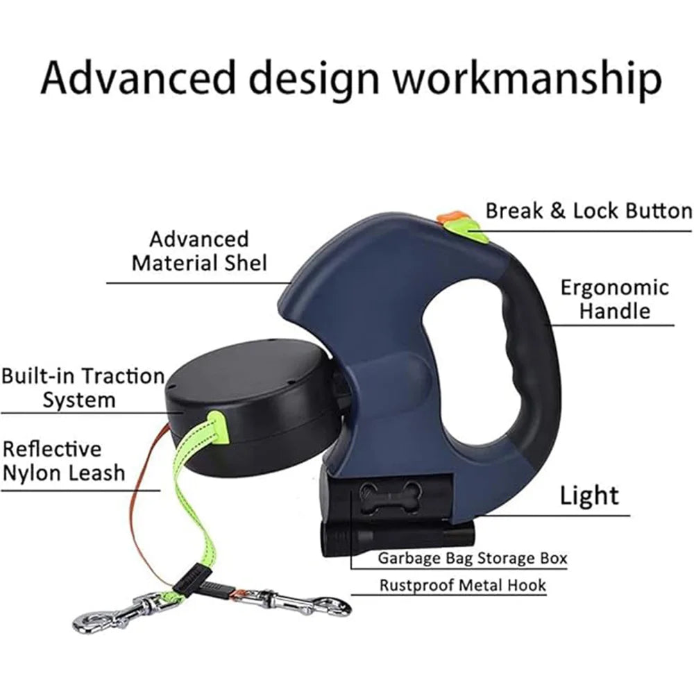 Pet Leash 3m LED Spotlight Dual Head Reflective with Automatic Extension and One Click Locking for Cat and Dog Leash