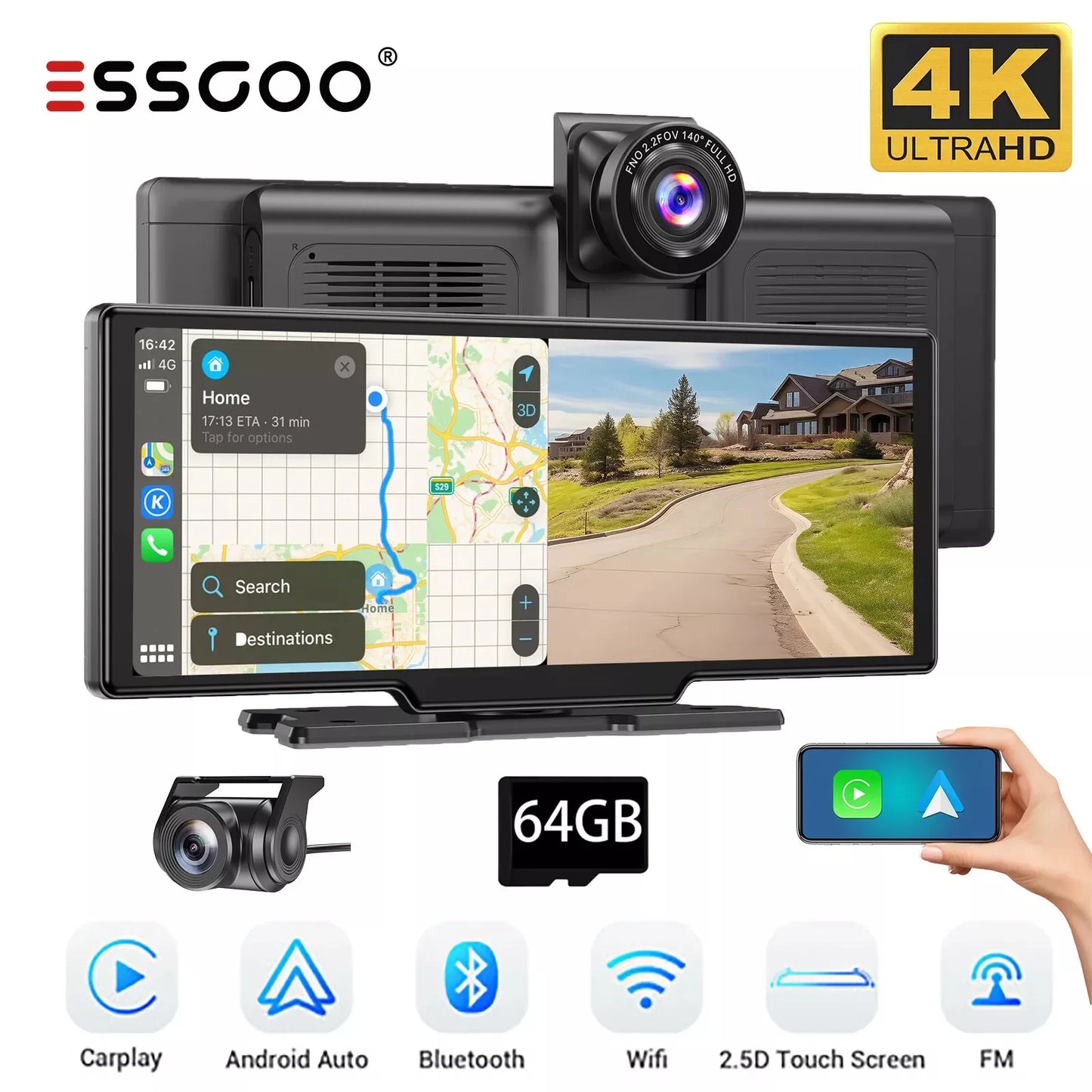 Modern Car Upgrade Dash Cam Touch Screen Car Stereo Rearview ESSGOO 10.26" 4K Wireless Apple Carplay Android Auto Dual Len Recorder Dashboard