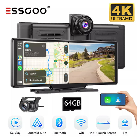 Modern Car Upgrade Dash Cam Touch Screen Car Stereo Rearview ESSGOO 10.26" 4K Wireless Apple Carplay Android Auto Dual Len Recorder Dashboard