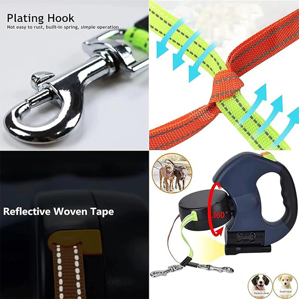 Pet Leash 3m LED Spotlight Dual Head Reflective with Automatic Extension and One Click Locking for Cat and Dog Leash