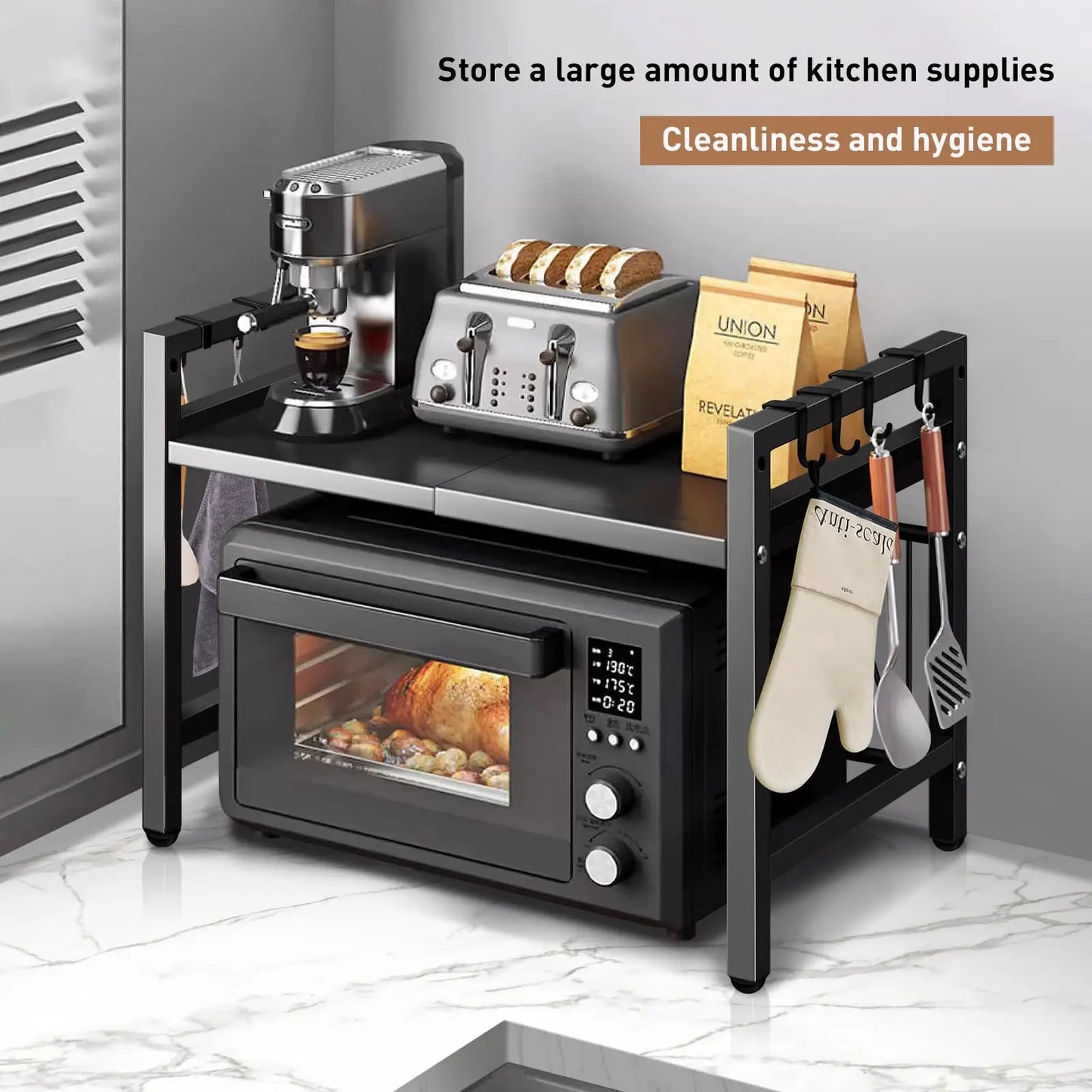 Expandable 42-64cm Microwave Shelf Organizer, Moisture And Rust Proof Microwave Countertop Organizer,Tableware Storage
