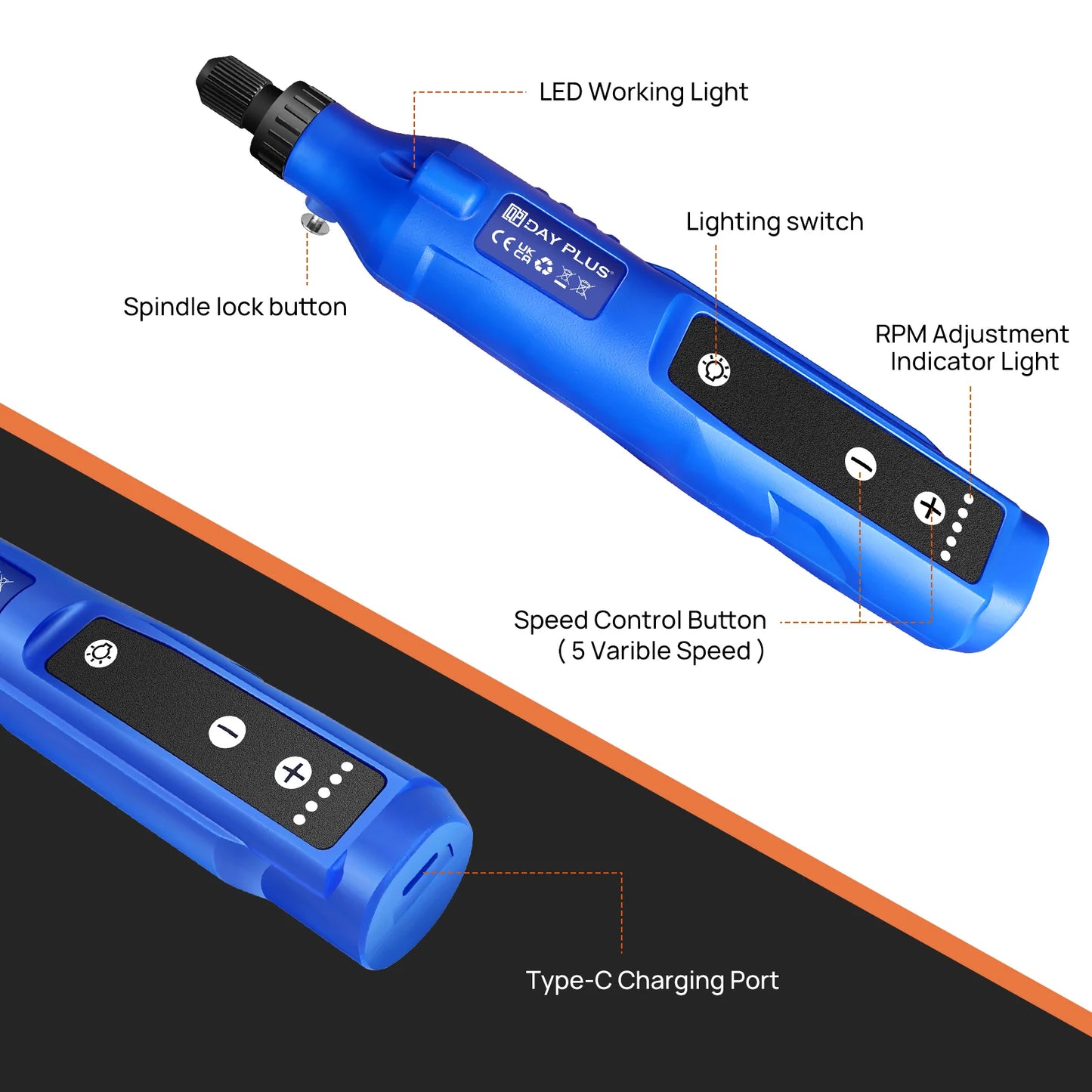 Cordless Cutting/Grinding Rotary Tool DayPlus,1.5Ah 5-Speed, LED Power Multi Tool 80Pcs Accessories Kit for Carving, Polishing, Sanding, Drilling