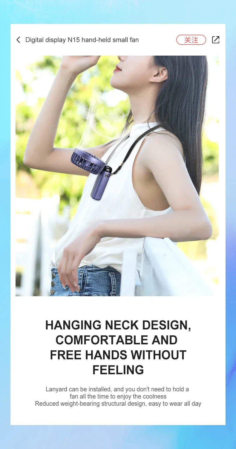 Handheld Mini Fan 3000mAh Foldable Portable Desk Outdoor Neck Hanging 5 Speed USB Rechargeable Fan Phone Stand Display Screen