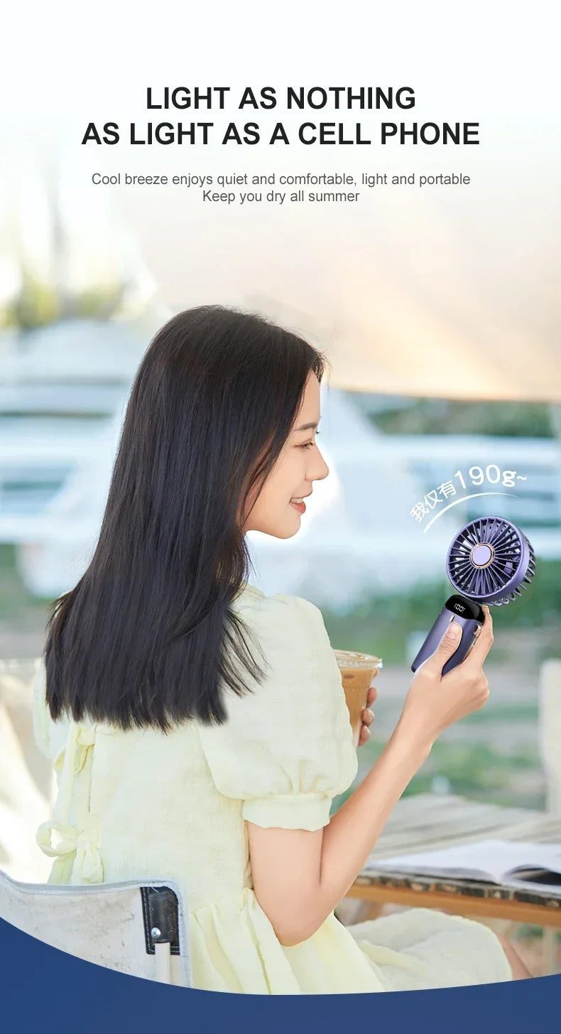 Handheld Mini Fan 3000mAh Foldable Portable Desk Outdoor Neck Hanging 5 Speed USB Rechargeable Fan Phone Stand Display Screen