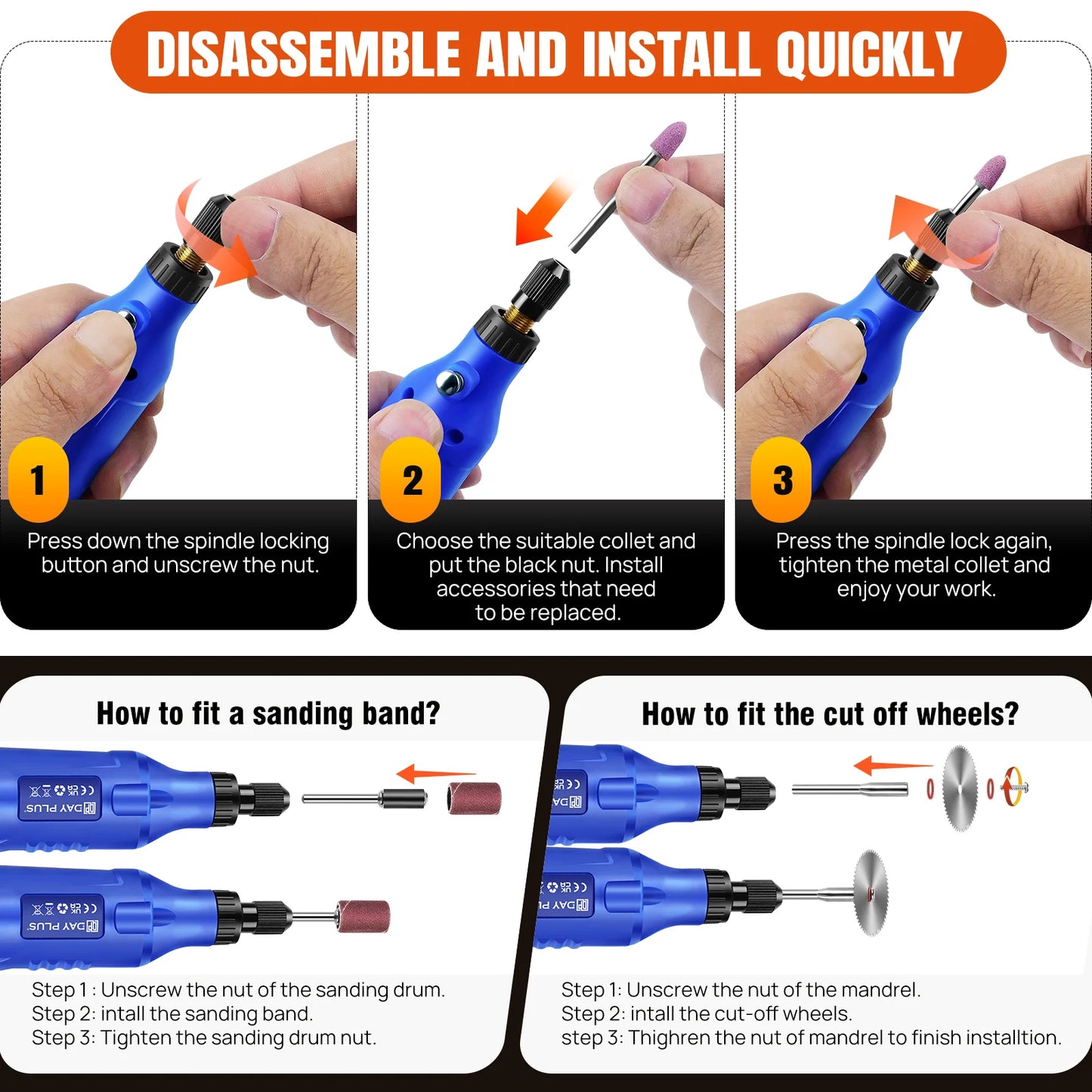 Cordless Cutting/Grinding Rotary Tool DayPlus,1.5Ah 5-Speed, LED Power Multi Tool 80Pcs Accessories Kit for Carving, Polishing, Sanding, Drilling